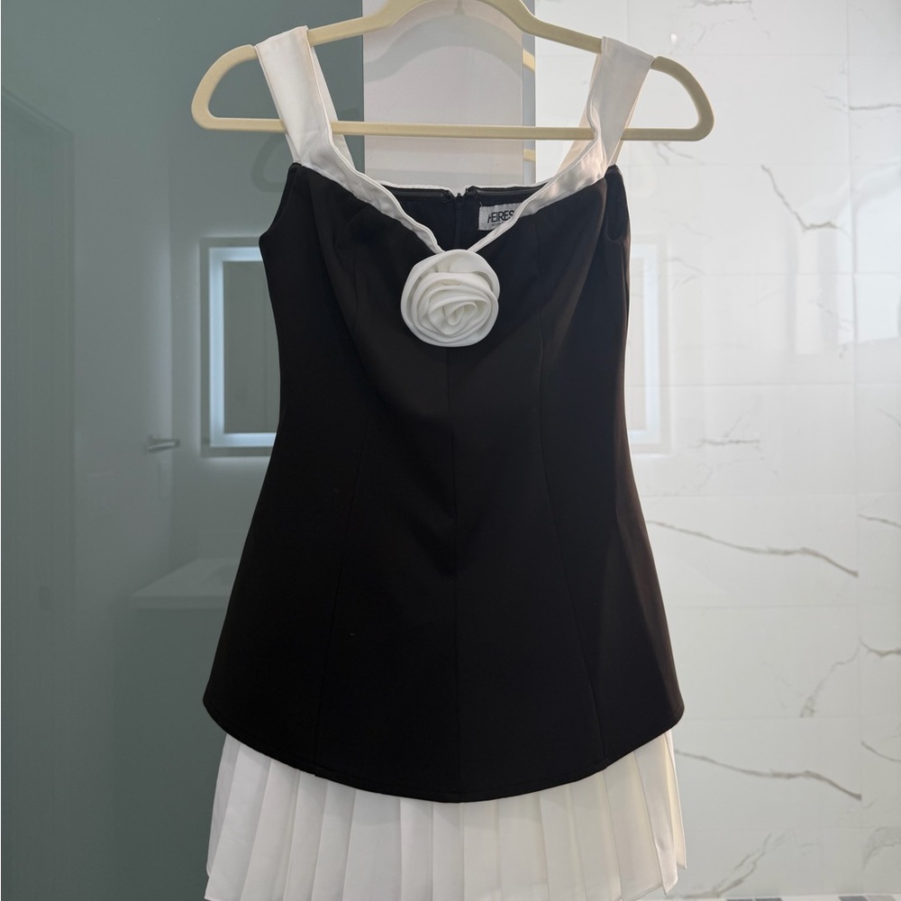 Elegant Black & White Mini Dress with Floral Accent